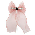 Pink organza large bow clip with sheer fabric and ruffled edges, back view showing a metal hair clip.