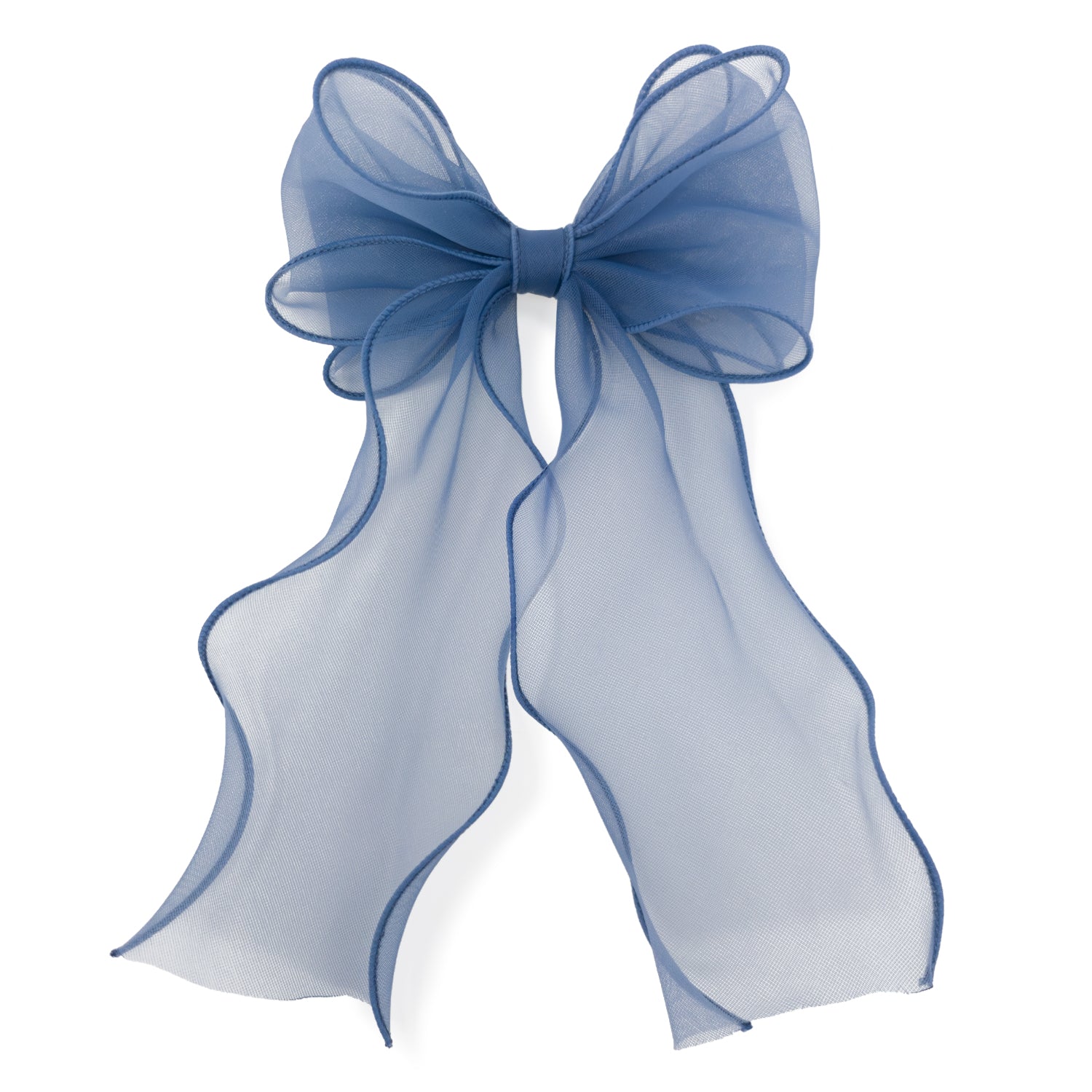 Blue organza large bow clip with sheer, structured loops and long, wavy tails on a white background.