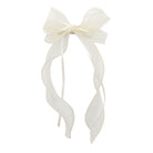 Cream organza double ribbon clip, tied as a bow with long, sheer, curled tails and shiny edges.
