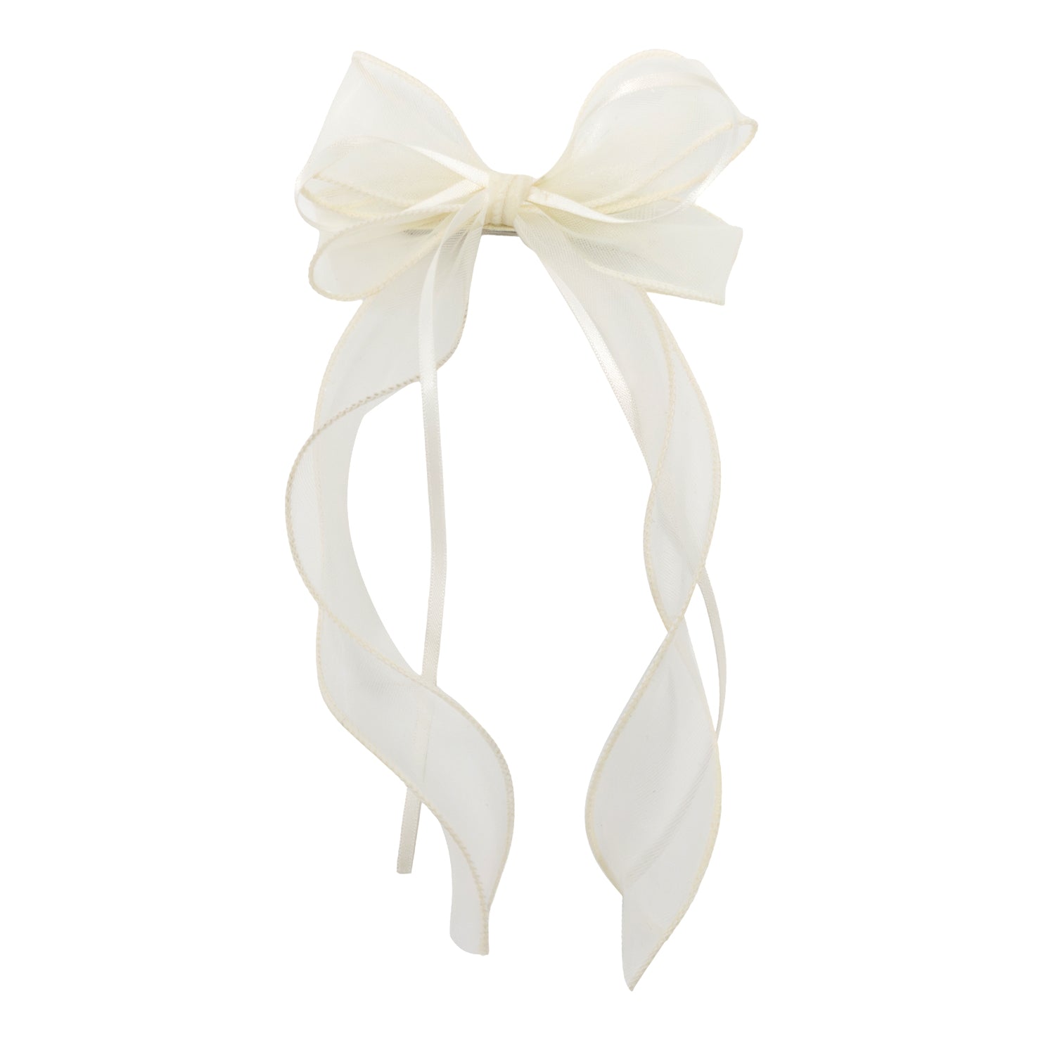 Cream organza double ribbon clip, tied as a bow with long, sheer, curled tails and shiny edges.