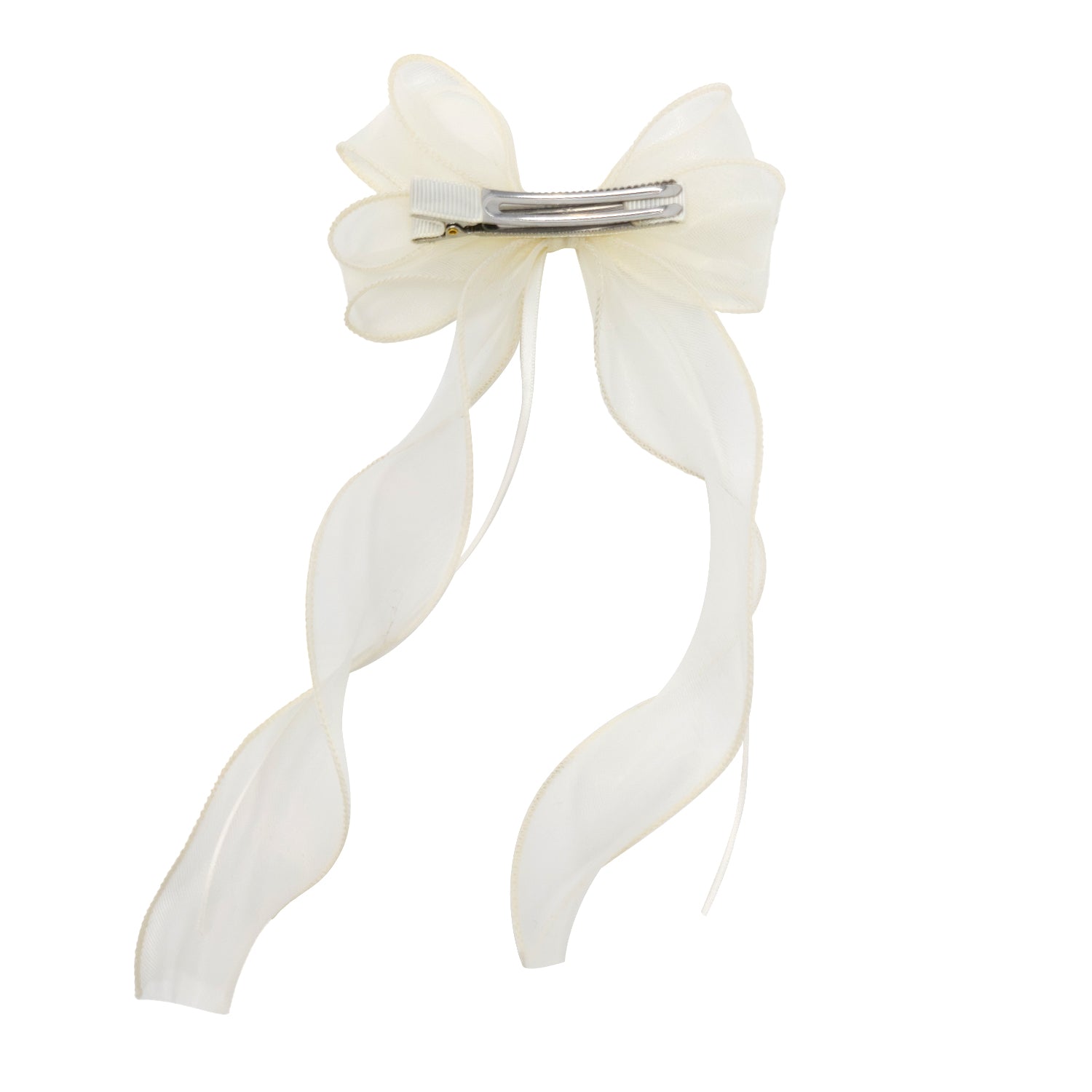 Cream organza double ribbon hair clip with a silver crocodile clip visible on the back.