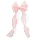 Pink translucent organza double ribbon clip with two long, flowing ribbons and delicate, stitched edges.