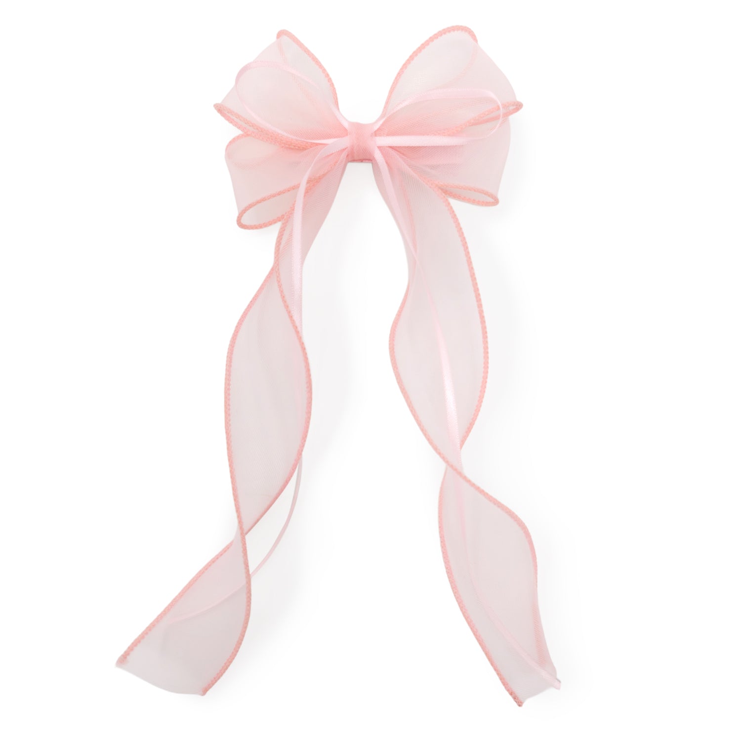Pink translucent organza double ribbon clip with two long, flowing ribbons and delicate, stitched edges.