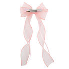Pink organza double ribbon hair clip featuring a silver metal barrette and long, flowing sheer tails.