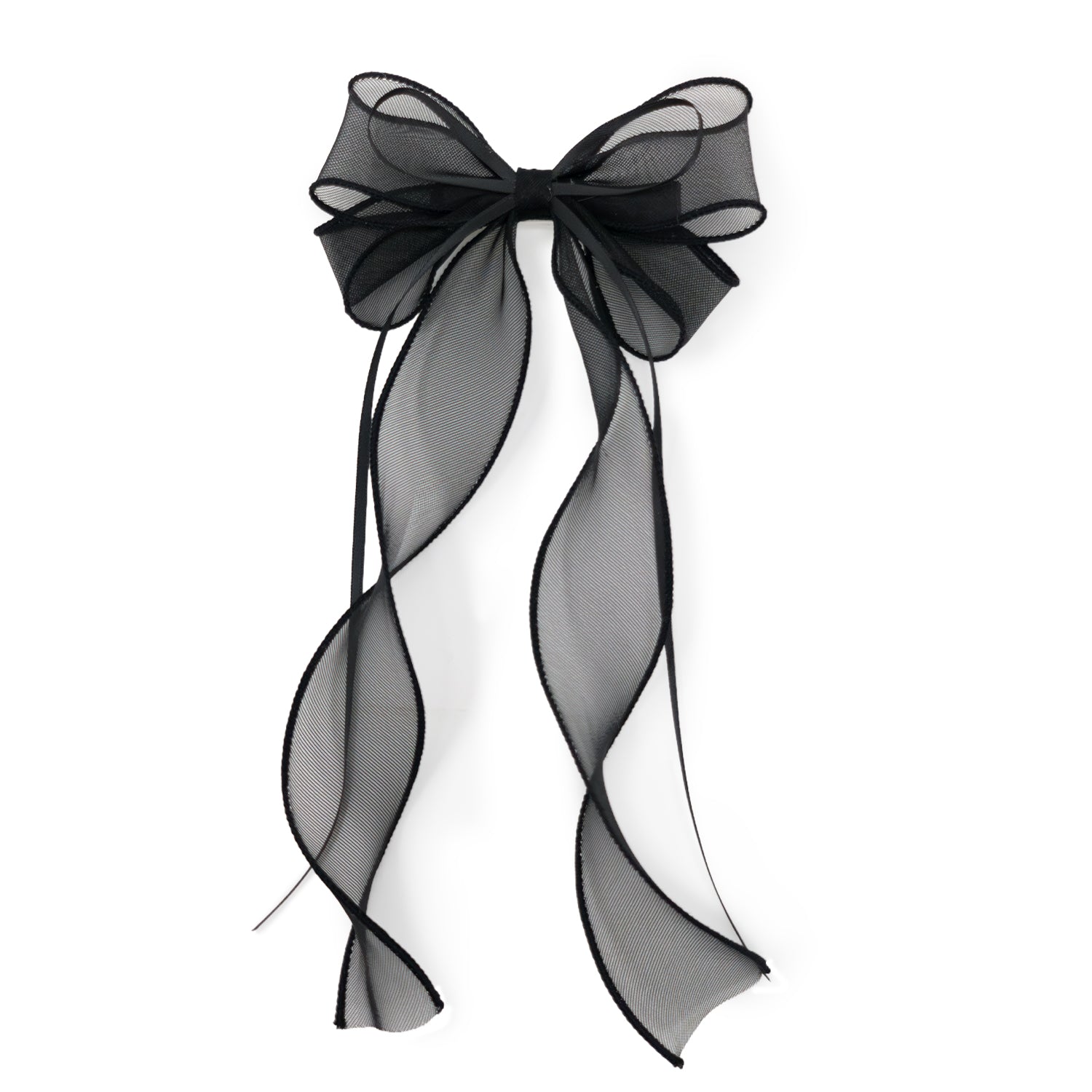 Black sheer Organza Double Ribbon Clip tied into an elegant bow with long wavy tails.