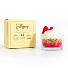 Jellycup dessert with a yellow box on a white background