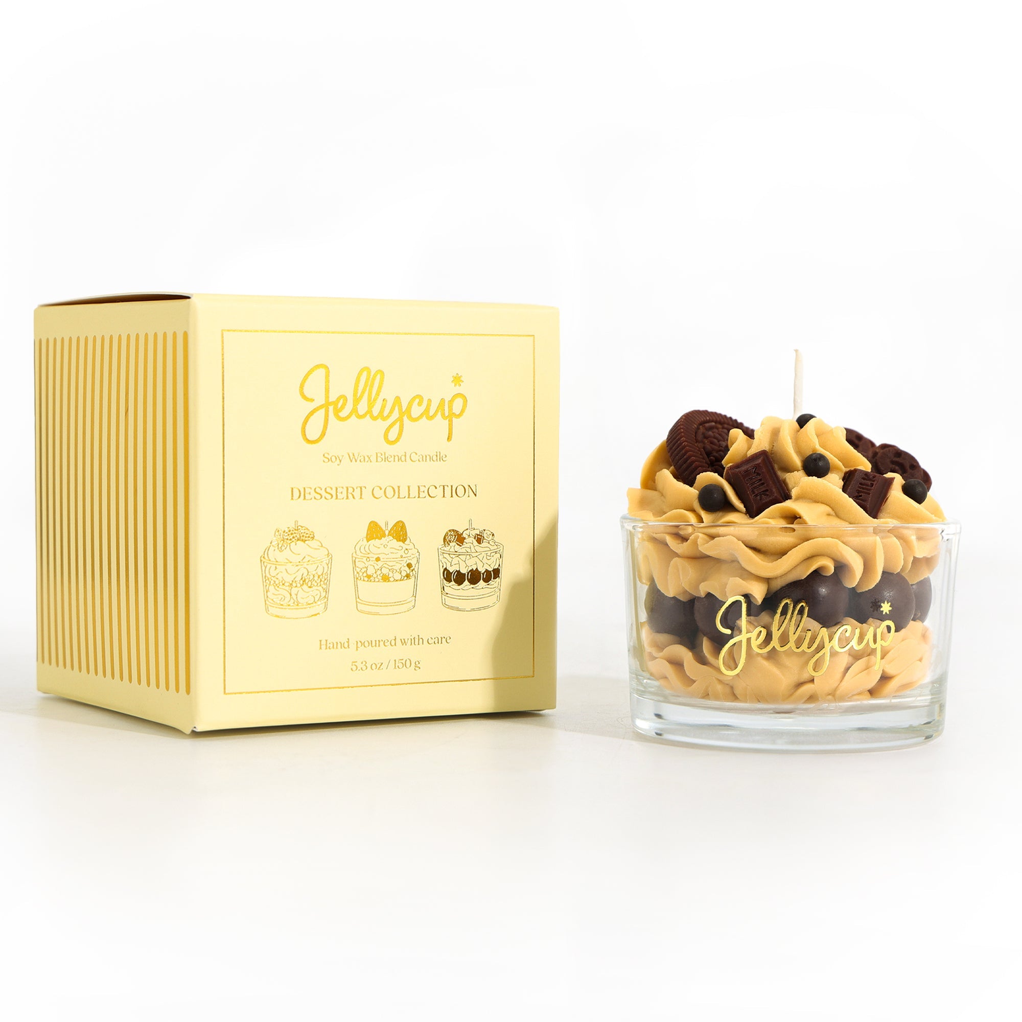 Jellycup dessert collection candle with packaging on a white background