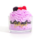 Candle designed to look like a purple jelly cup with berries on top, branded 'Jellycup'.