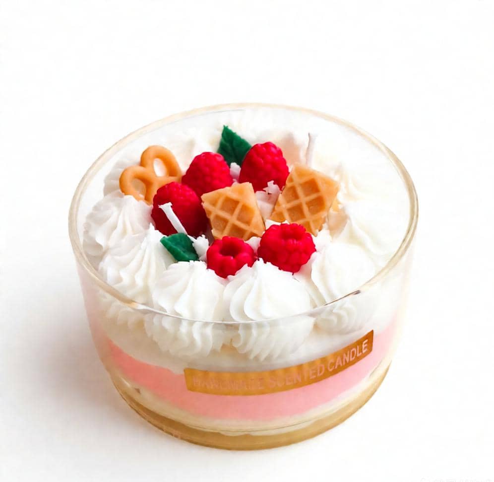 Decorative candle with whipped cream, raspberries, and waffle pieces on a white background