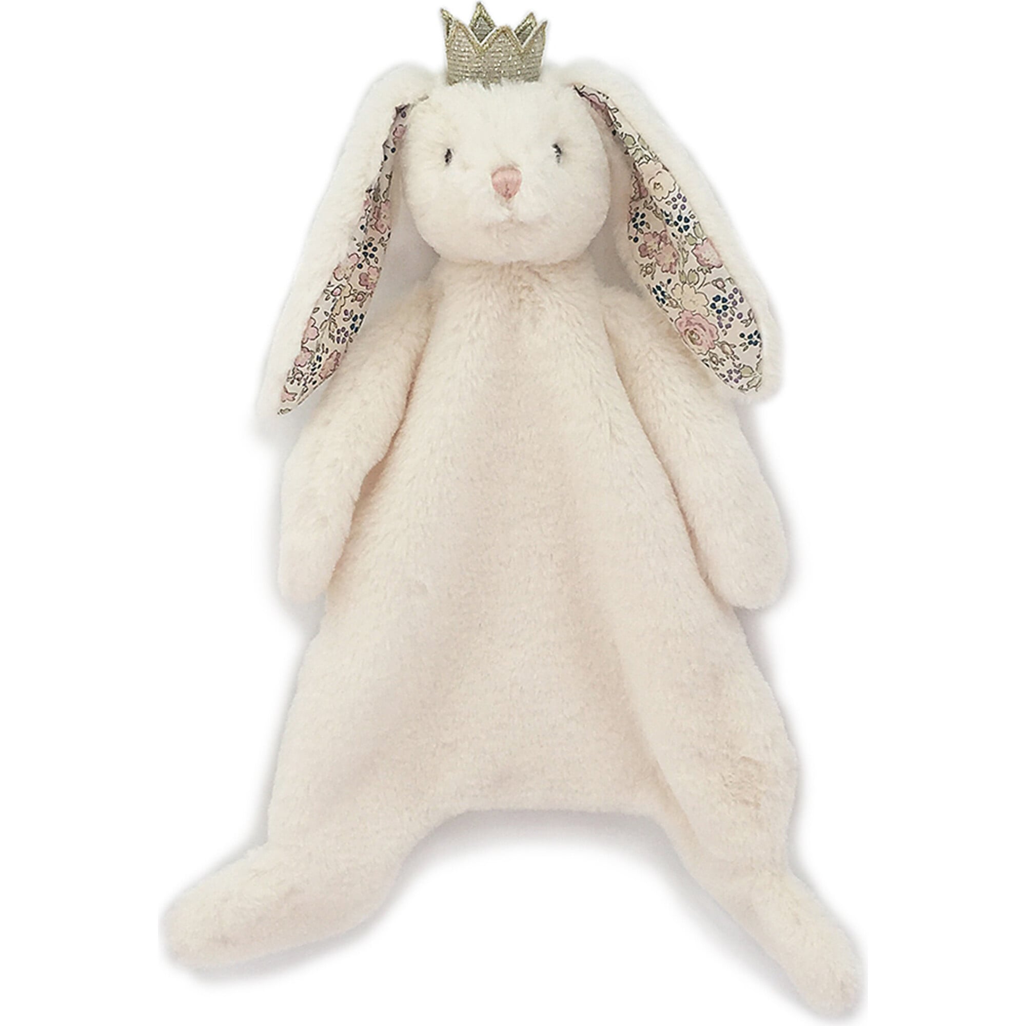 Plush bunny toy with a crown on a white background