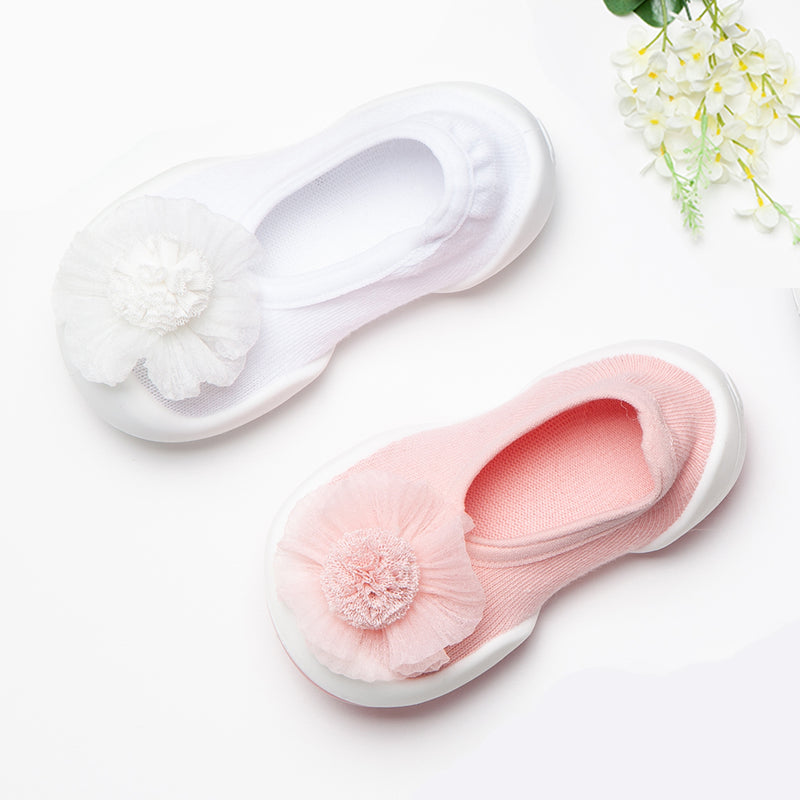 Komuello Baby Shoes Flat Pompom Flower